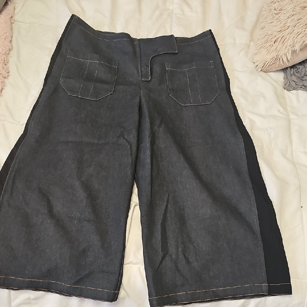 Wide Leg Denim Culottes in Dark Jean with Black Side Panels